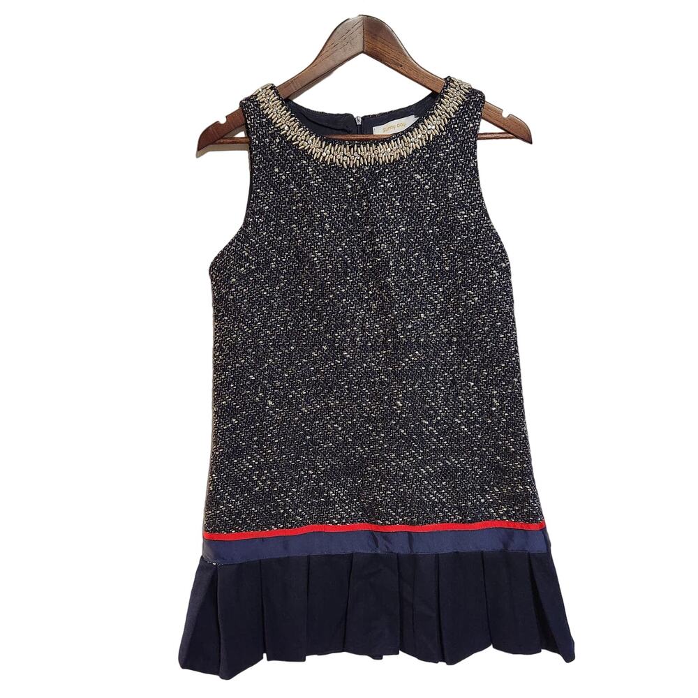 Sunny Day Women's Dress Sleeveless Tweed Drop Waist Pleated Sz. M Navy Blue